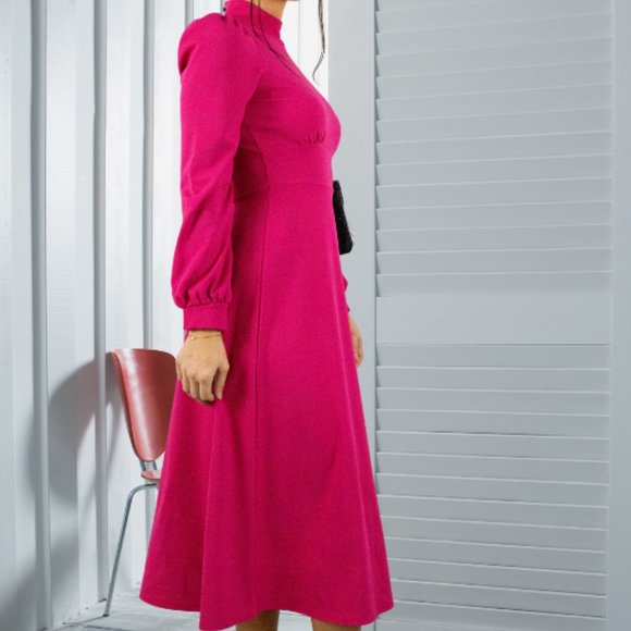 PINK TURTLE NECK KEYHOLE LONG SLEEVE SKATER MIDI DRESS - Picture 3 of 4